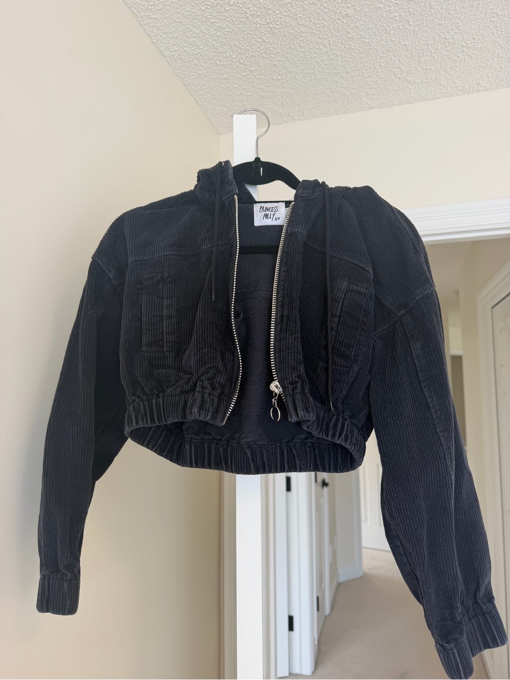 Princess Polly Black Cropped Corduroy Bomber Jacket